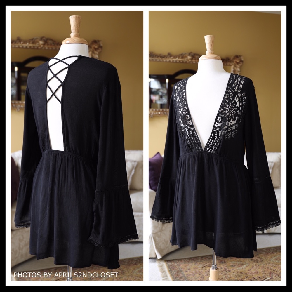 TOPSHOP BLACK BOHO TUNIC COVERUP MINI DRESS A3C - Picture 2 of 8